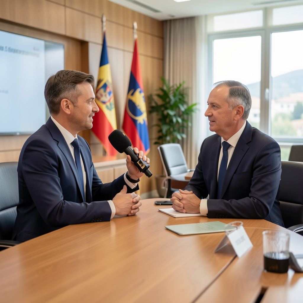 Новинар са микрофоном интервјуише министра на пресс конференцији у владиним просторијама Подгорице