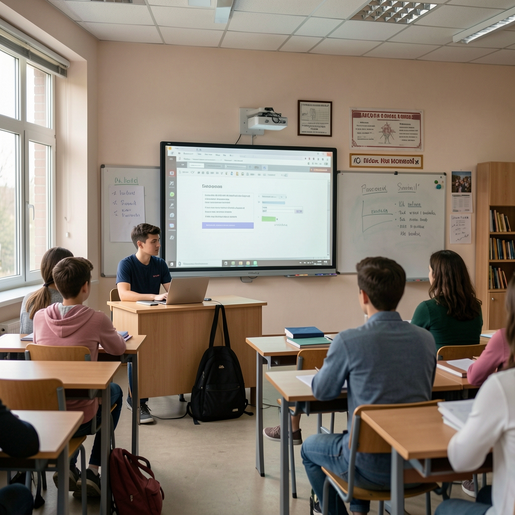 Студент на часу медијске писмености, рука подигнута, модерна учионица са пројекцијом