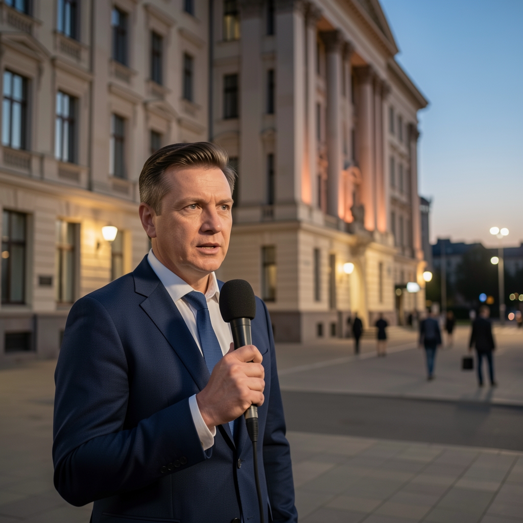 Новинар са микрофоном испред зграде владе Црне Горе током прес конференције у вечерњим сатима